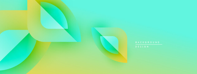 Abstract background features flowing shapes, gradient colors. Yellow, green, turquoise blend smoothly creating dynamic visual effect. Minimalist design.