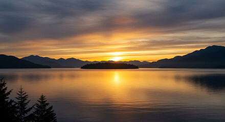 Naklejka premium Serene Sunset over Island Lake Golden Hour Landscape Photography
