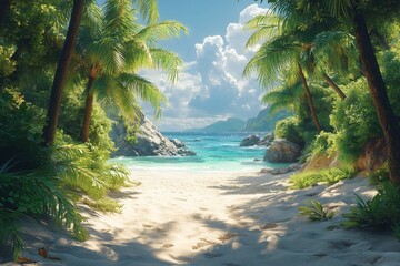 Tropical beach paradise, path to ocean, sunny day, island getaway