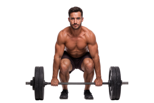 Muscular man lifting weights to lift a heavy barbell in a squat position, isolated on transparent background