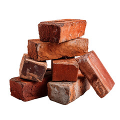 Stacked pile of aged red bricks used in construction or renovation, isolated on white background