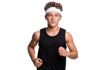 Handsome young boy jogging wearing a white headband, isolated on transparent background