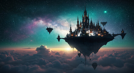 Obraz premium Enchanting Fantasy Floating Castle Above Clouds Night Sky Stars Milky Way