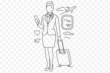 Faceless Flight Attendant Line Art – Minimalist Female Cabin Crew with Luggage Illustration