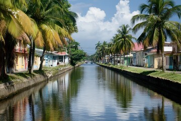 Georgetown Guyana. Water Canal with Palm Trees in Downtown Georgetown