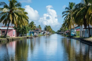 Georgetown Guyana. Canal with Palm Trees in Downtown Georgetown, South America