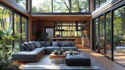 Container house with minimalist interior and large windows,