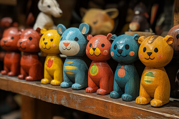 Obraz premium A set of wooden animal figurines, each painted in bright colors, lined up on a shelf.