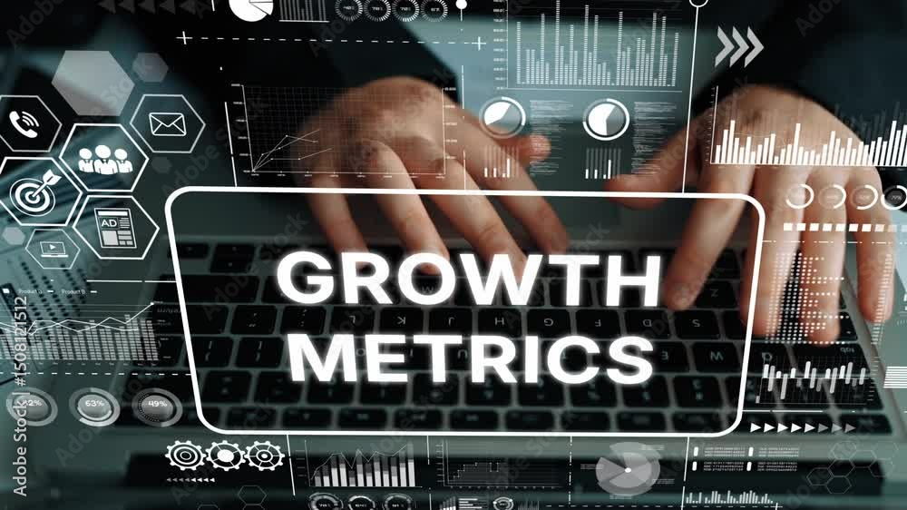 Poster hands typing on laptop with growth metrics graphs and digital data overlay for business analysis and