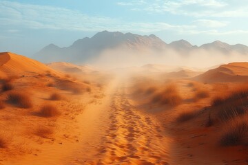 Desert road sunrise, sand dunes, mountains. Background haze, travel poster