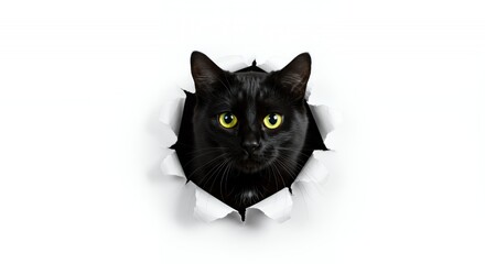 Glossy Black Cat Emerges from Ripped Hole with Vibrant Yellow Eyes on Clean White Background Looking Curious and Alert Isolated for Decoration or Digital Art