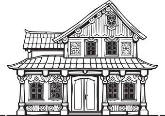 Antique wood architecture, the patterns are made with wood carvings. Hand drawn vector illustration