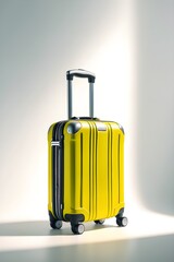 A yellow suitcase with a black handle sits on a white background. 