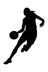 Silhouette of a female basketball player dribbling