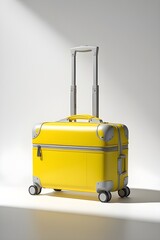 A yellow suitcase with a silver handle sits on a white background. 