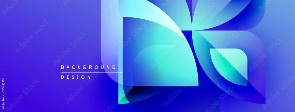 Poster Abstract blue background features flowing shapes, gradients. Modern design elements create dynamic visual impact. Bright, vibrant colors dominate composition.