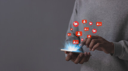 Follow And Comment Social Media Concept, Young Man hand using smart phone mobile, with Social...