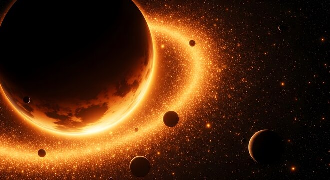 planet in space.Fiery Orange Celestial Body with Luminous Ring & Orbiting Planets in Deep Space.
