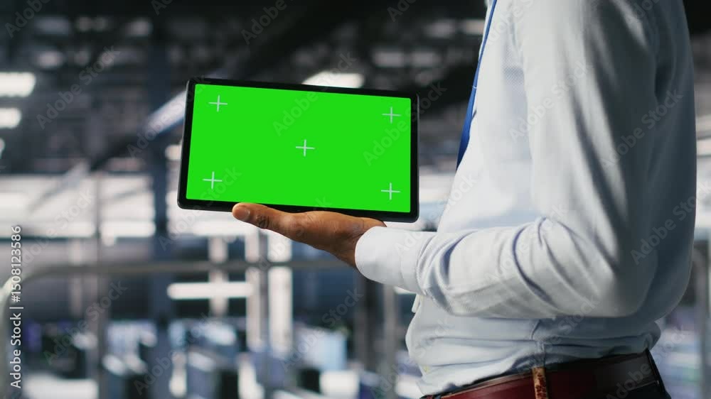 Poster close up of server farm developer using isolated screen tablet, reviewing ai llm visualization. data