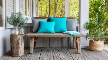 Cozy porch decor features wooden bench adorned with teal and gray pillows, surrounded by greenery, creating serene and inviting atmosphere for relaxation