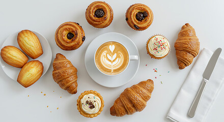 Delicious Assortment of Pastries Croissants Coffee and Cupcakes on White Background