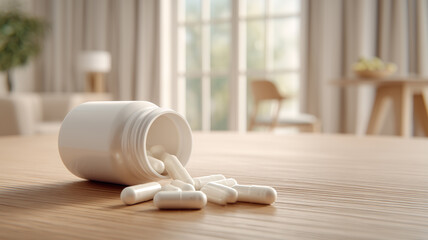 木製テーブルにこぼれた白いカプセル