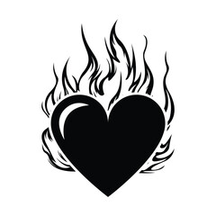Flaming Heart Vector Silhouette, Passionate Love Fire Clipart for Tattoos and Graphic Design.
