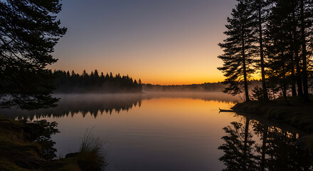 Fototapeta premium Serene Sunrise over Misty Lake with Silhouetted Pines Reflecting in Calm Water
