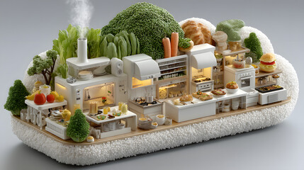 Cloud Kitchen Concept 3D Render of a Miniature Food Preparation Facility
