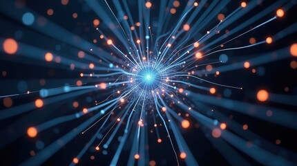 Fototapeta premium Energy pulses travel between nodes in a structured particle matrix, forming a dynamic digital web.