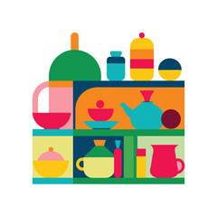 Colorful geometric kitchenware composition displayed on shelves with diverse culinary equipment