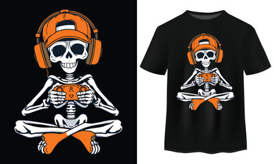 Cool Skeleton Gamer Wearing Headphones and Cap Playing Video Games T-Shirt Design