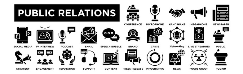 Public Relations icon collection set. Press Conference, Microphone, Handshake, Megaphone, Newspaper