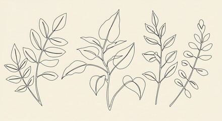Elegant Minimalist Line Art Botanical Prints Set of Four Floral Branches with Leaves