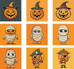 Halloween Cartoon Characters Featuring Pumpkins And Mummies For Autumn Season Celebration