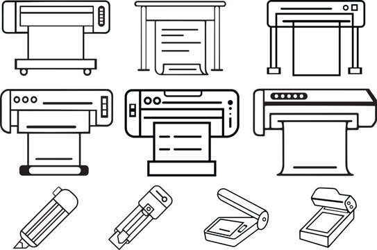 Printer Line Icon Set Large Format Printing, Plotter, Scanner, Cutting Machine Minimal Vector Illustrations