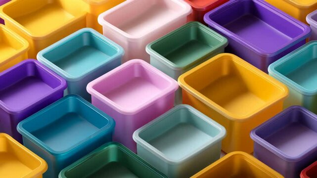 Bright plastic containers are laid out in rows, each plastic container shows a variety of colors, convenience of storage and a variety of shapes for everyday life and kitchen