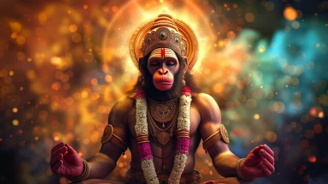 Figure of Hanuman is surrounded by a halo of light, the bright meditating Hanuman radiates strength and protection, divine energy is felt throughout the sparkling image