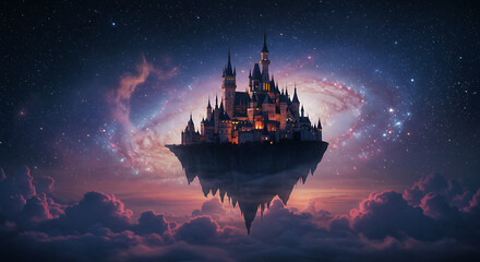 Obraz premium Majestic Fairytale Castle Floating on Island Above Clouds and Stars at Night