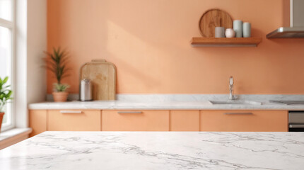 White marble kitchen tabletop with empty space for your product display over blurred beautiful pastel kitchen room in the background.