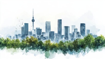 Fototapeta premium Serene Cityscape Watercolor Painting Blue Green City Skyline with Lush Trees