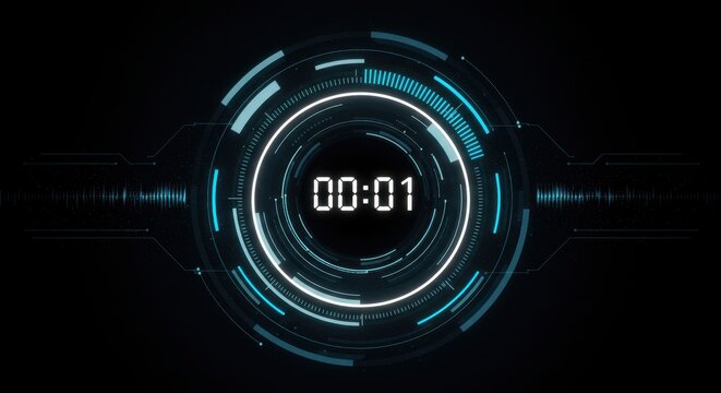 Futuristic Digital Countdown Timer with Circular HUD Interface – Technology and Time Management Concept