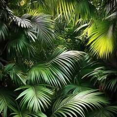 Lush green palm fronds tropical paradise. A lush green jungle with palm trees and leaves. Concept of tranquility and natural beauty.