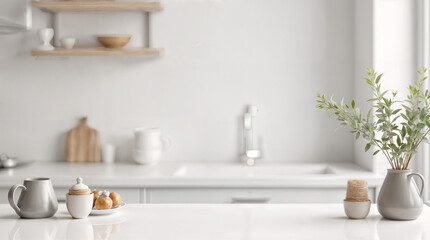 Fototapeta premium White marble bathroom tabletop with shampoo bottle, towels and copy space for montage your product display over blurred white elegance bathroom in background.