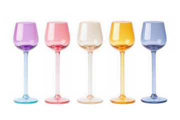 Colorful wine glasses set, stemware collection, drinkware, barware, tableware, home decor, party supplies, celebration isolated on transparent background