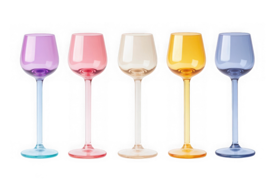 Colorful wine glasses set, stemware collection, drinkware, barware, tableware, home decor, party supplies, celebration isolated on transparent background