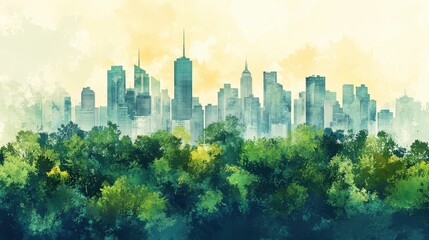Serene Cityscape Watercolor Painting Green Trees and City Skyline