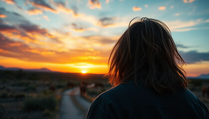 Person Watching Colorful Desert Sunset Landscape and Herd Along Path