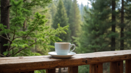 White ceramic cup of tea, coffee beverage stands on wooden balcony railing against green coniferous forest background, tall pines, firs in woods. Breakfast in the mountains. Spruce branch in sunlight.