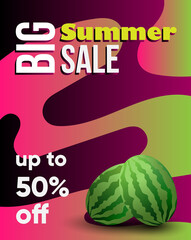 Sale poster, flyer with watermelons and pink background. Light and dark green stripes of watermelon. illustration